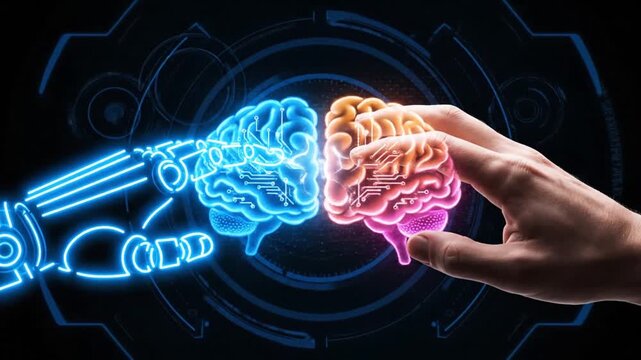Human and Artificial Intelligence Collaboration Concept with Robotic and Human Hands Touching Digital Brain
