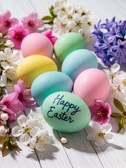 Happy Easter greeting card with spring Easter background