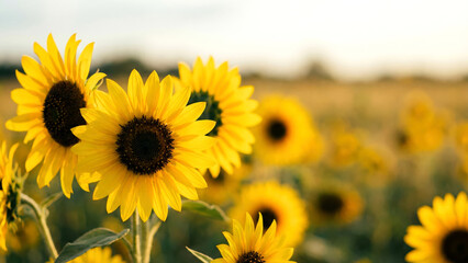 Obraz premium Radiance of Sunflowers A Field of Golden Blooms Bathed in Warm Sunlight, Rural Landscape