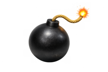 Bomb with burning fuse on transparent background