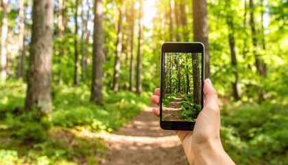 Person Holding A Smartphone Capturing A Lush Green Forest Path With Sunlight Streaming Through The Trees