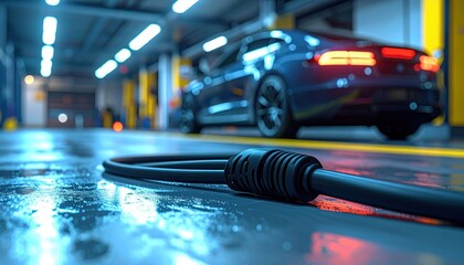 Close Up Of A Car Charging Cable On A Wet Industrial Floor With A Blue Electric Vehicle In The Background Under Harsh Lighting
