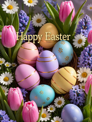 Happy Easter greeting card with spring Easter background