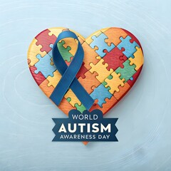 World Autism Awareness Day Illustration with Puzzle Heart and Blue Ribbon
