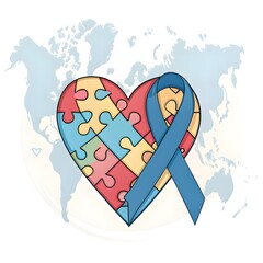World Autism Awareness Day Illustration with Puzzle Heart and Blue Ribbon