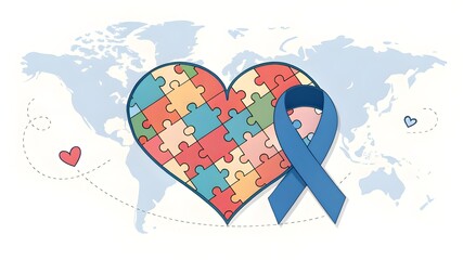 World Autism Awareness Day Illustration with Puzzle Heart and Blue Ribbon