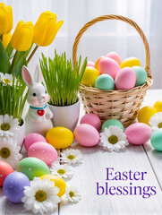 Happy Easter greeting card with spring Easter background