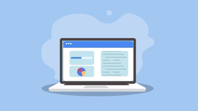 Flat illustration of a laptop showing a cloud analytics dashboard with charts and content panels. Modern technology concept for cloud computing, data analysis, and digital business workflow.
