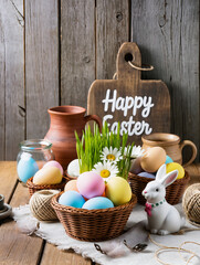Happy Easter greeting card with spring Easter background