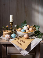 Happy Easter greeting card with spring Easter background