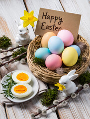 Happy Easter greeting card with spring Easter background