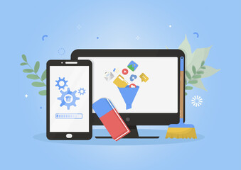 Digital device maintenance concept showing computer and smartphone removing digital clutter and unwanted files. Tech support and system optimization content. Digital cleanup day. Vector illustration