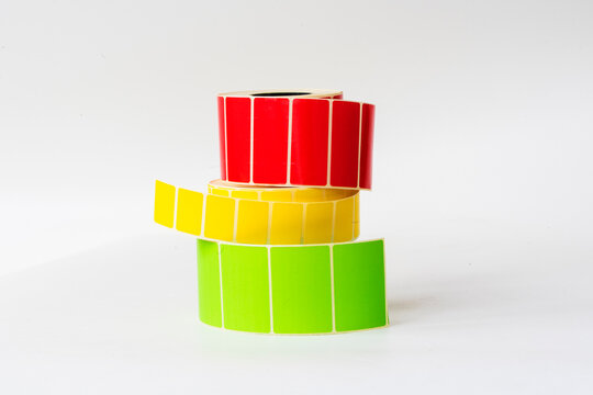 Bright stickers on tape for labeling and product description. Information and barcode are applied with a thermal transfer printer.