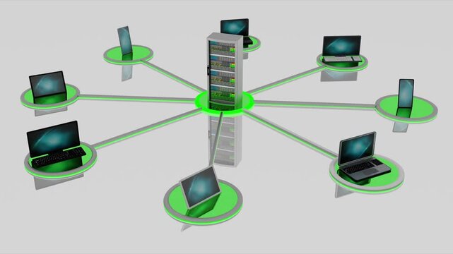 Rappresentazione simbolica di sistemi informatici, Pc, computer, tablet, smartphone collegati fra loro ruotano attorno ad un server centrale. Concetto informatica di connessione digitale globale.