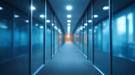 An illuminated office corridor with glass walls and a sense of depth and perspective. The lighting creates a modern and clean atmosphere