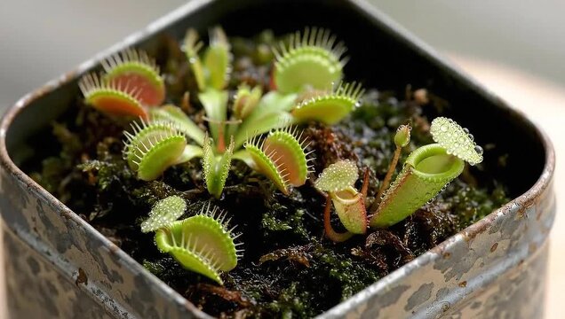 Close up of Venus Flytrap plants in a square pot with rich soil.