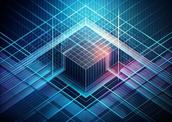 Obraz premium Vibrant digital cube with neon grid lines in futuristic tech background