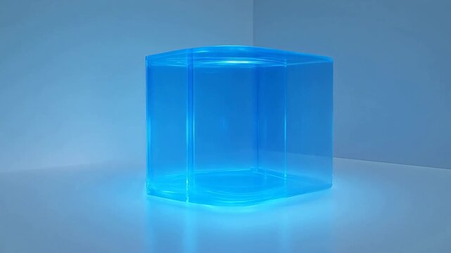 Blue transparent rectangular tablet on simple light floor with soft lighting