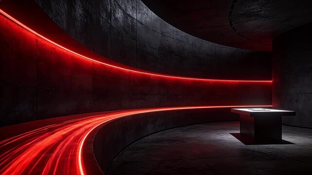 Modern dark interior with red neon light strips along curved walls