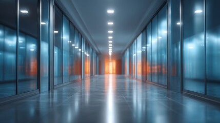 A long, futuristic hallway with glass walls and bright lighting at the end. The reflection creates a sense of depth and symmetry