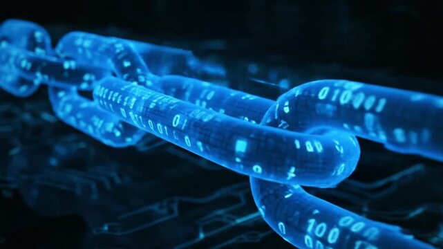 Glowing Blue Blockchain Chain Links with Binary Code Representing Secure Decentralized Digital Ledger Technology