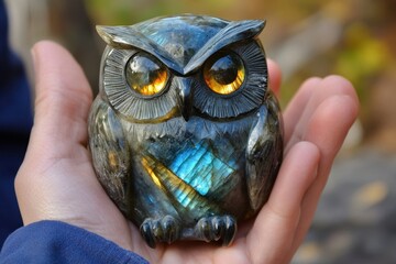 Polished labradorite owl crystal with iridescent colors in garden setting