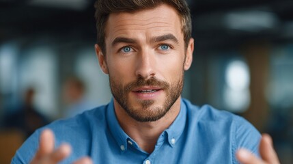Fototapeta premium A charismatic man with piercing blue eyes, gesturing as he speaks. The man exudes confidence and poise, his expression a blend of thoughtfulness and engagement.