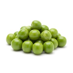 Ultra realistic green peas, fresh and bright color, small pile, clean minimal composition, isolated on white background, macro food photography