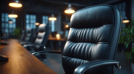 An executive office chair sits prominently, the epitome of authority and comfort. The surrounding environment suggests a place of business, perhaps a boardroom or a manager's office.