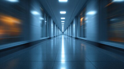 Fototapeta premium A futuristic, elongated corridor with bright lights and a glossy floor