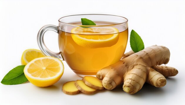 invigorating ginger tea with lemon slices and fresh ginger roots on a bright background isolated on white background - Powered by Adobe