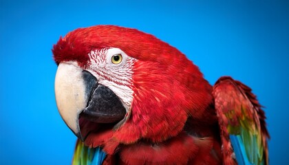 Fototapeta premium parrot head close up red and blue feathers yellow beak on blue background