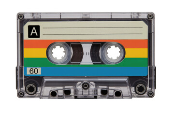 Fototapeta premium Colorful cassette tape on black music audio retro vintage isolated on a transparent background