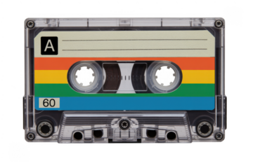 Colorful cassette tape on black music audio retro vintage isolated on a transparent background