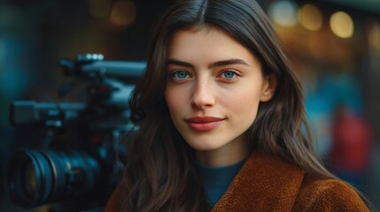 A charming young woman standing in front of a video camera, seemingly ready to film. With long hair and striking eyes, she exudes confidence and beauty