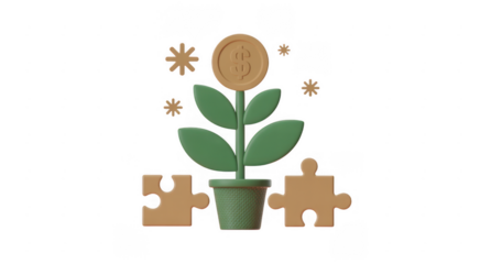 Green plant with dollar coin and puzzle pieces isolated on a transparent background