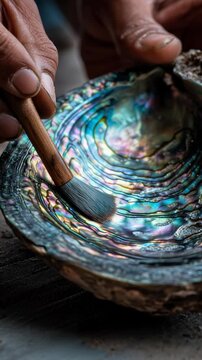 Close up of a hand holding a brush, cleaning the surface of an iridescent abalone shell