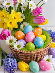 Happy Easter greeting card with spring Easter background