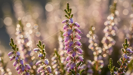 Vibrant purple lavender blossoms bloom in a summer garden field where wild violet flora and spring wildflowers create a beautiful macro nature scene