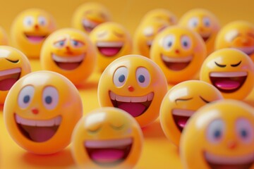 3d rendering of many yellow emojis with different expressions of happiness and joy on a yellow background