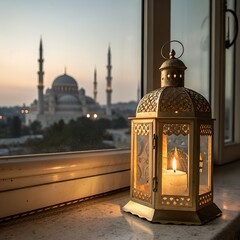  Golden lantern illuminates a mosque in the warm dusk, Islamic holiday background, window back side mosque.