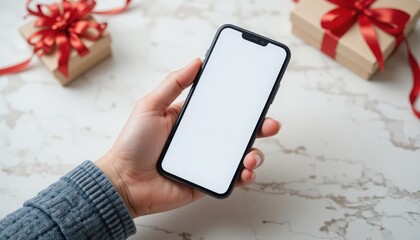 Hand holding smartphone with empty screen amid wrapped Christmas presents with red ribbons on marble, perfect for holiday online shopping ads
