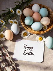 Happy Easter greeting card with spring Easter background