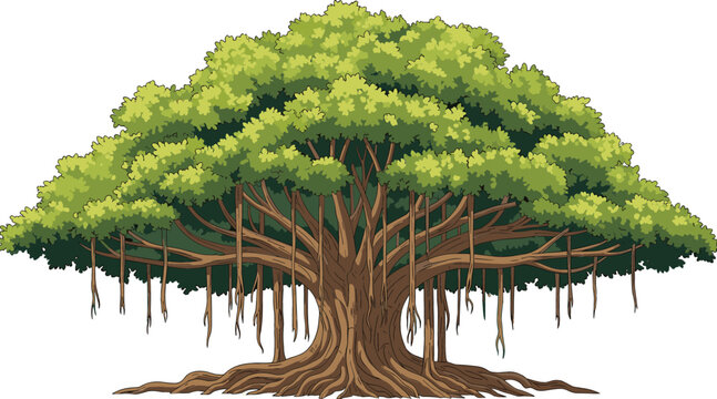 Detailed vector illustration of a large Banyan tree featuring a lush green canopy and intricate aerial prop roots.