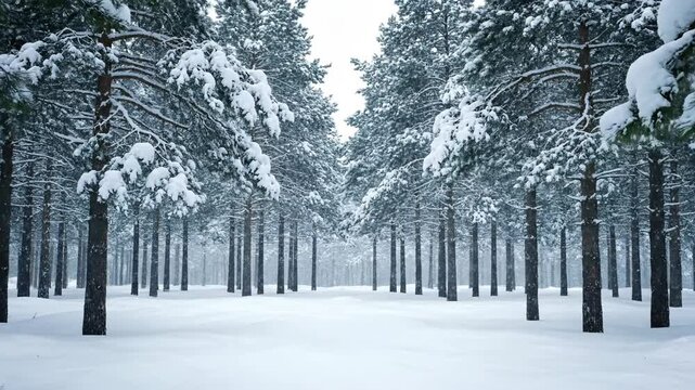 Scenic winter landscape featuring snow covered trees in a forest, snowy environment, cold weather, and woodland scene. Winter wonderland landscape.