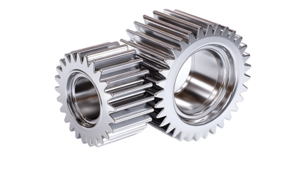 Two interlocking metallic gears with sharp teeth reflecting light on a white background steel