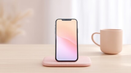 Phone is sitting on a pink surface next to a cup. Valentine's day.