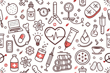 Naklejka premium Seamless medical doodle pattern with heart monitor heart syringe pills and medical