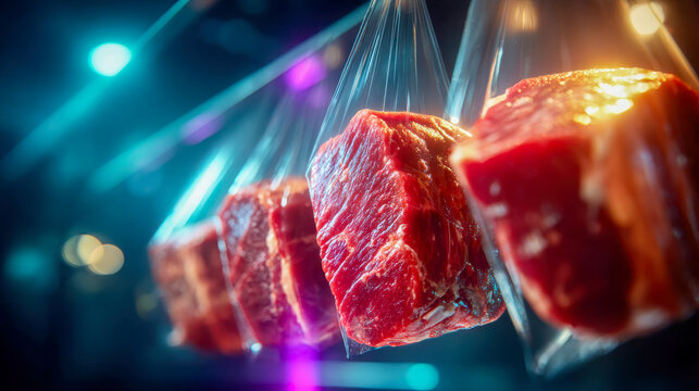 Raw beef cuts hanging in refrigerated meat processing facility with controlled lighting and industrial cold storage