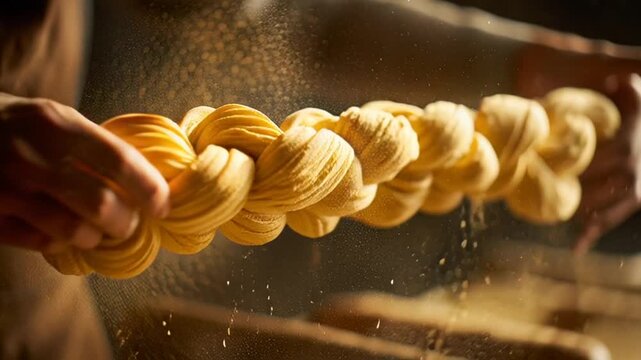 A baker's hands gently holding a braided loaf of bread as flour dusts the air in a warm video